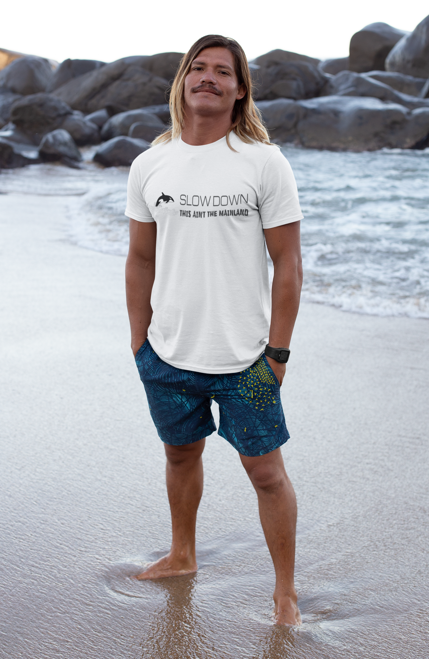 Slow Down This Ain't The Mainland Men's Orca Graphic Tee.